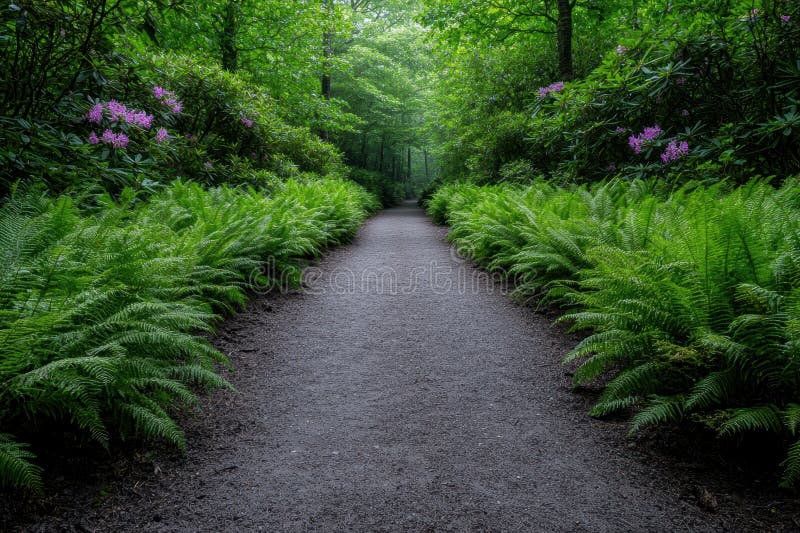 Enchanting forest path surrounded by lush greenery royalty free illustration