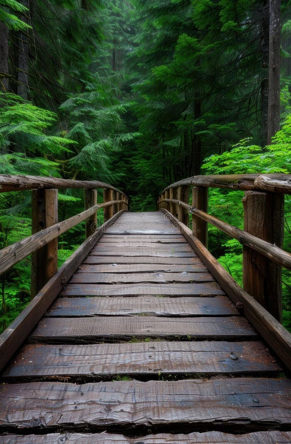 Enchanting forest path with wooden bridge vector illustration