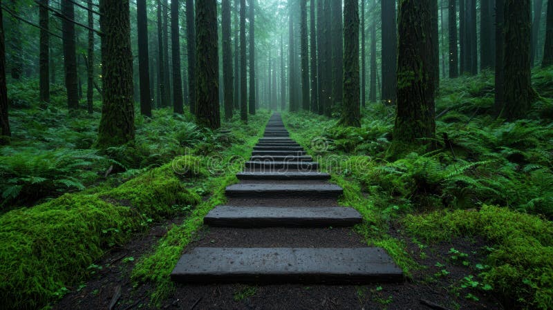 Enchanting forest path with wooden steps royalty free illustration