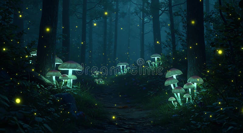 Enchanting forest scene with bioluminescent mushrooms casting a glow along vector illustration