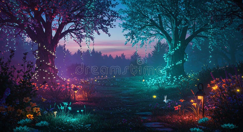 Enchanting forest scene at dusk, featuring two large trees adorned with glowing vector illustration