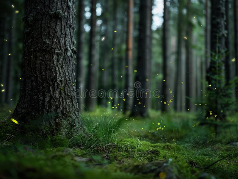 Enchanting forest scene with glowing fireflies vector illustration