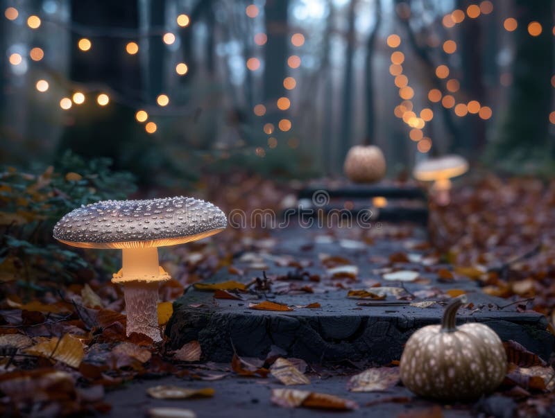 Enchanting forest scene with glowing mushroom and autumn leaves vector illustration