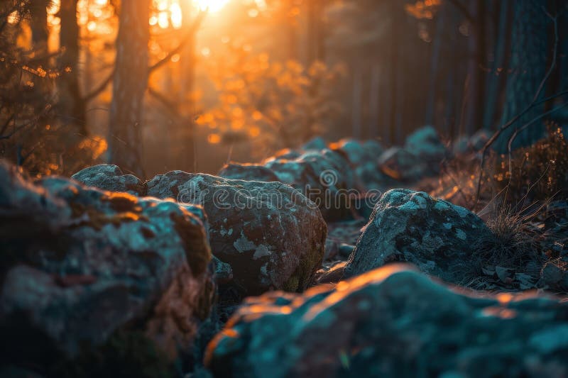 Enchanting forest scene with glowing sunlight and mossy rocks vector illustration