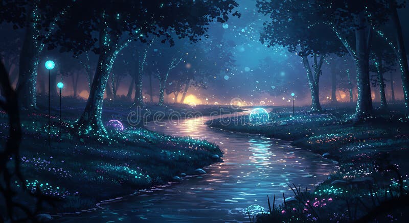 Enchanting forest scene illuminated by glowing orbs and ethereal light. Trees royalty free illustration