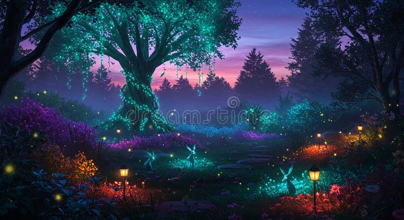 Enchanting forest scene illuminated by glowing orbs and lanterns. A large central royalty free illustration