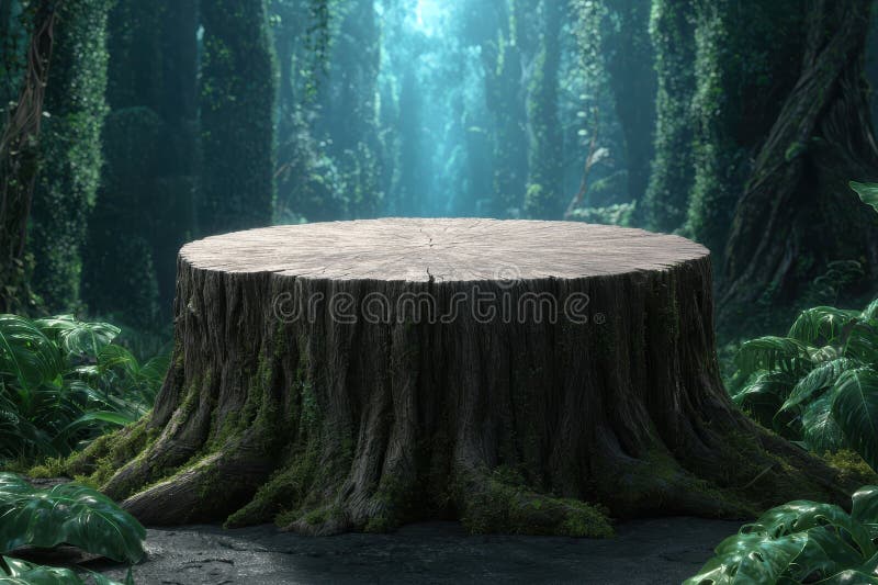 Enchanting forest scene with moss-covered tree stump royalty free illustration