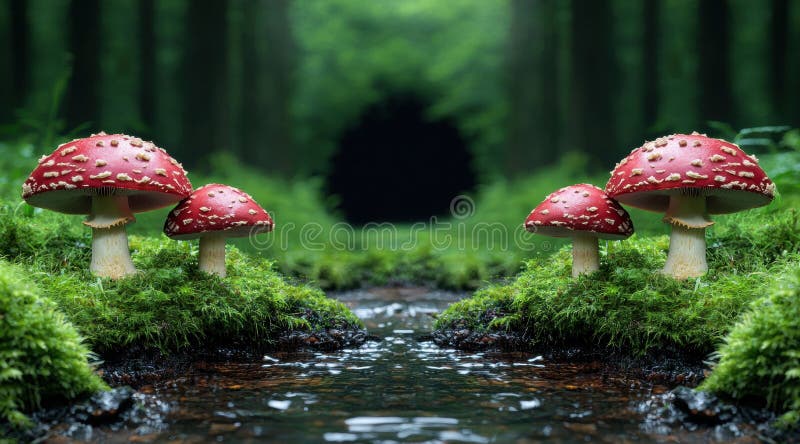 Enchanting forest scene with red mushrooms and a stream royalty free illustration
