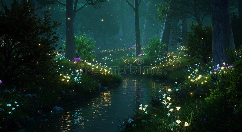 Enchanting forest scene with a serene stream flowing through lush greenery. stock illustration