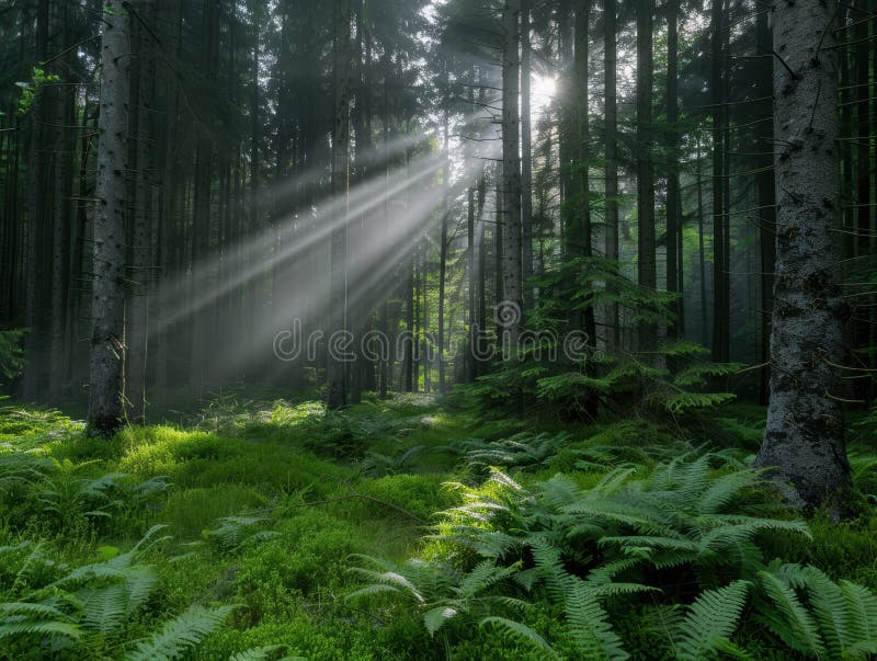 Enchanting forest scene with sunbeams shining through the trees royalty free illustration
