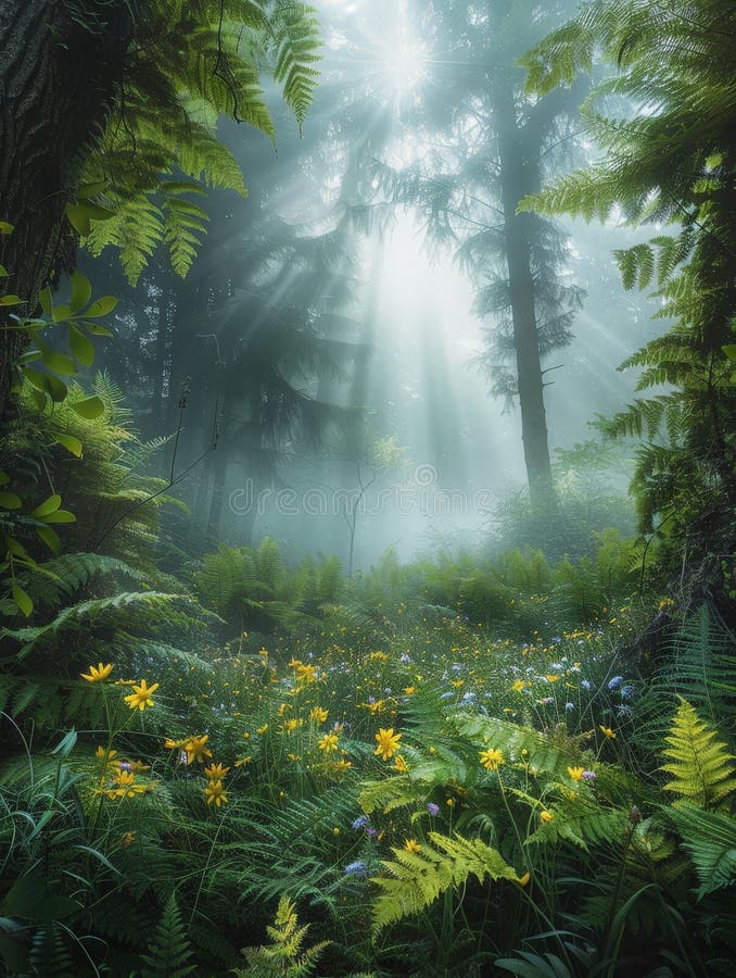 Enchanting forest scene with sunlight streaming through the lush greenery stock illustration
