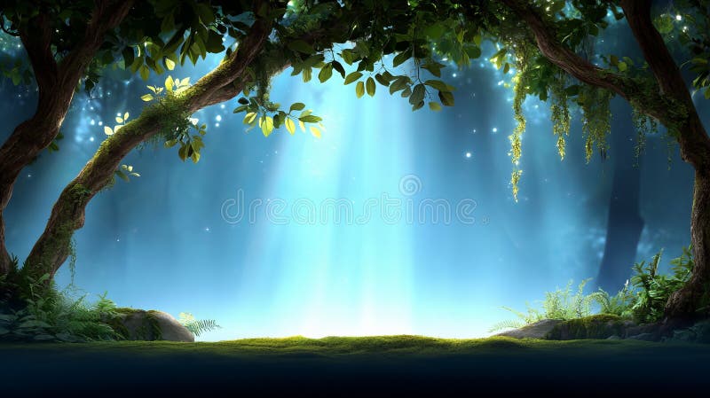 Enchanting forest scene with sunlight streaming through lush greenery stock illustration