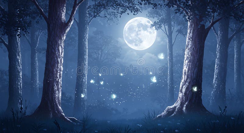 Enchanting forest scene with tall, dark tree trunks framing a glowing full moon. vector illustration