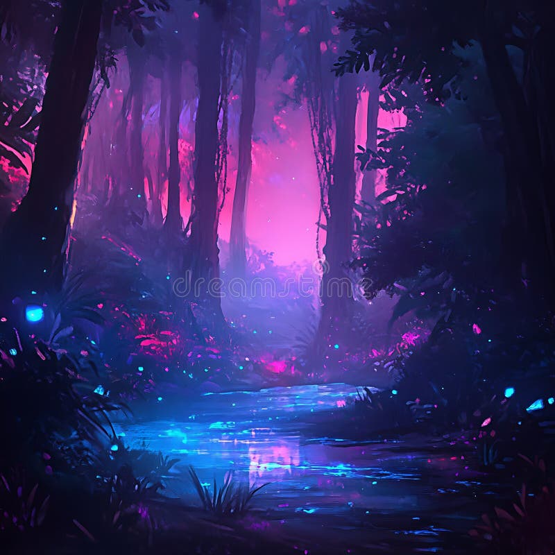 Enchanting forest scene with tall, shadowy trees and a glowing pathway. The color stock illustration
