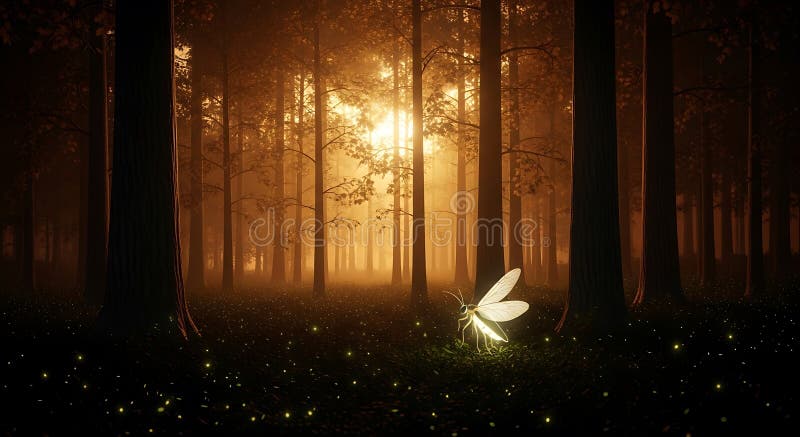 Enchanting forest scene with tall trees and a glowing fairy-like insect at the center vector illustration