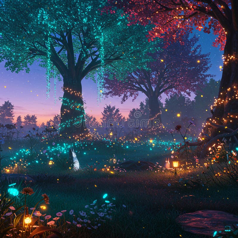 Enchanting forest scene with towering trees adorned in teal and red foliage. royalty free illustration