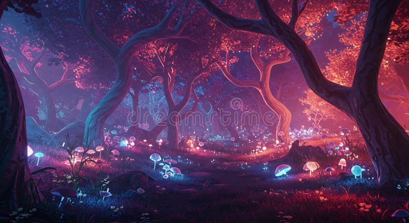 Enchanting forest scene with twisted trees under a purple and pink sky. vector illustration