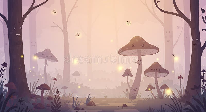 Enchanting forest scene with whimsical, glowing mushrooms and trees, some wi vector illustration