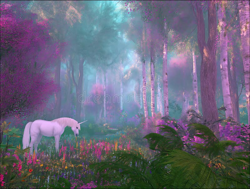 Enchanting forest scene with a white unicorn standing in a vibrant meadow filled vector illustration