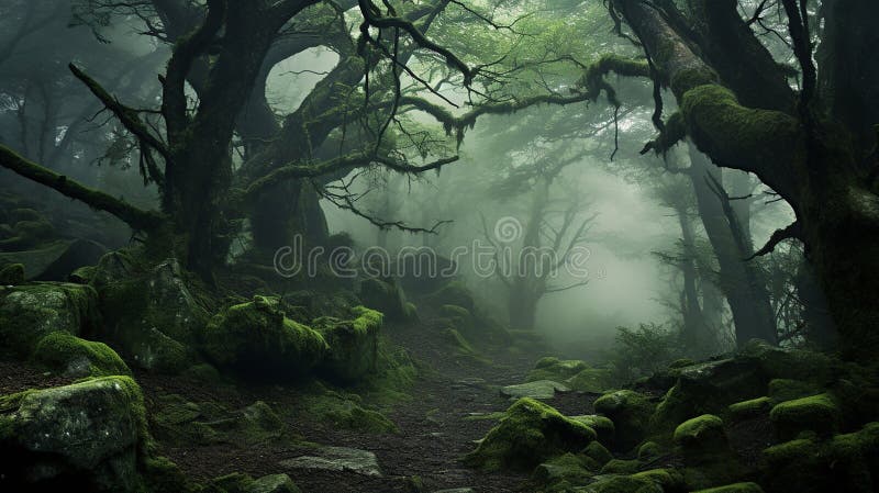 Enchanting forest shrouded in mist. Generative ai royalty free illustration