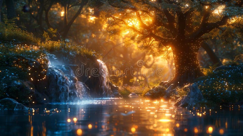 Enchanting forest with sparkling lights and waterfall - generative ai. High image quality