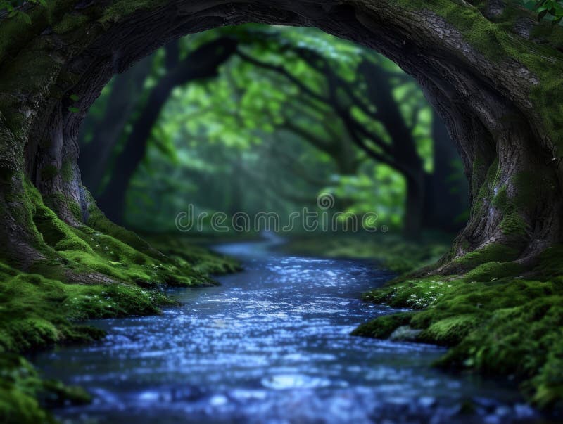 Enchanting forest stream flowing through mossy tunnel vector illustration