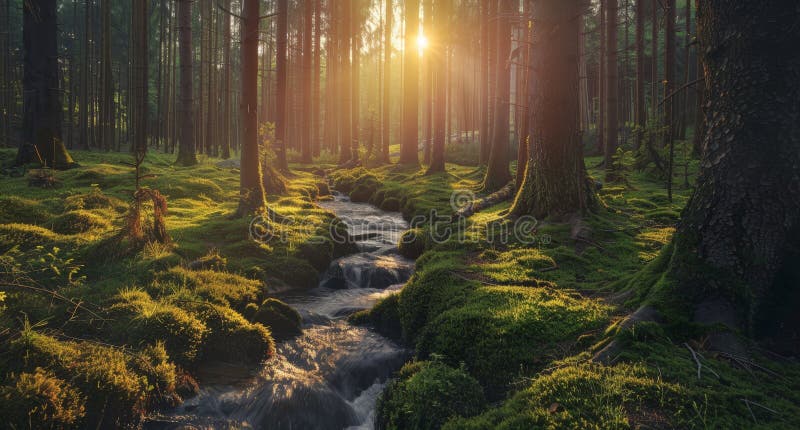 Enchanting forest stream with lush moss-covered ground vector illustration