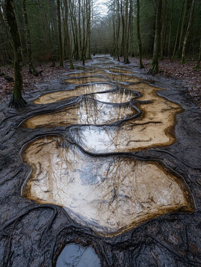 Enchanting forest stream with reflections stock illustration