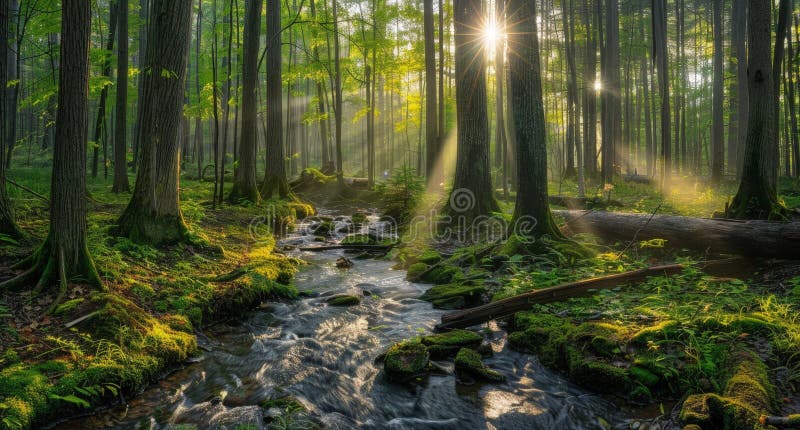 Enchanting forest stream with sunlight filtering through the trees vector illustration