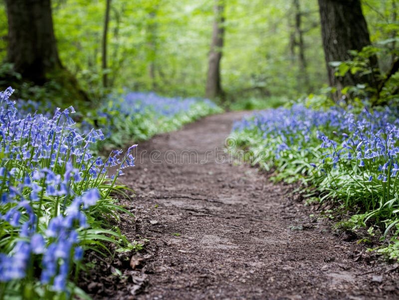 Enchanting forest trail surrounded by vibrant bluebells vector illustration