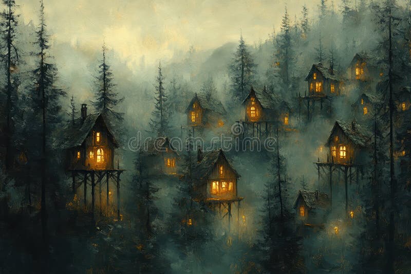 Enchanting forest of treehouses illuminated at night amidst mystic fog and tall pine trees in a magical woods setting royalty free illustration