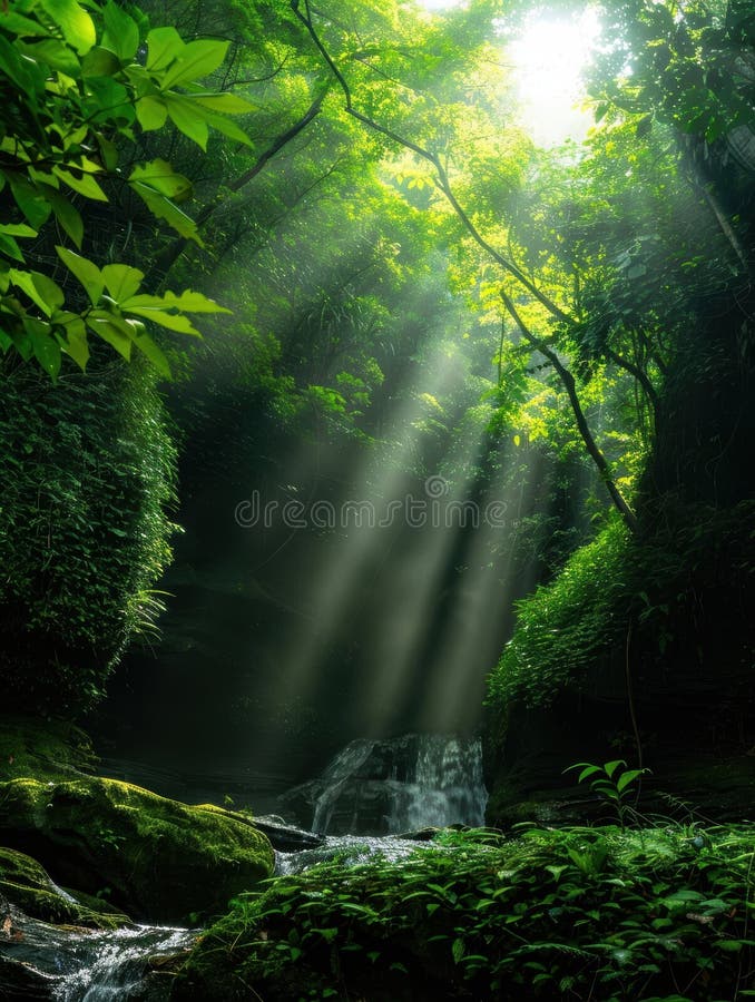 Enchanting forest waterfall scene with sunbeams stock illustration