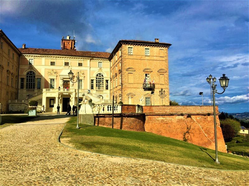 Enchanting Govone castle`s entrance, Piedmont region, Italy. Art, architecture, history and urban design