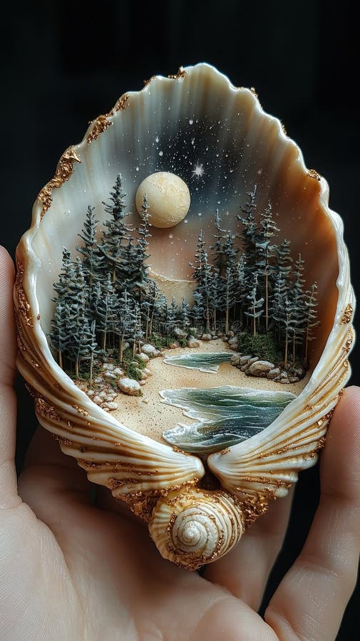 Enchanting miniature forest scene in a seashell at night royalty free stock photo