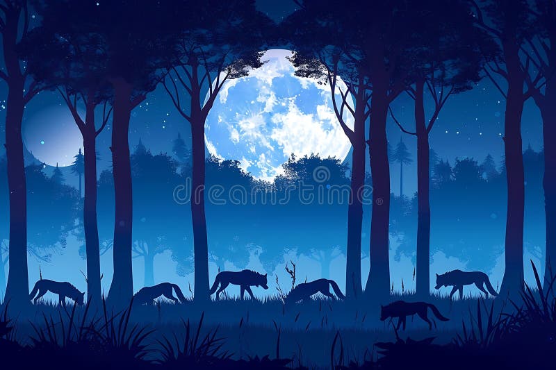 Enchanting Moonlit Forest med Wolves Silhouetted royaltyfri illustrationer