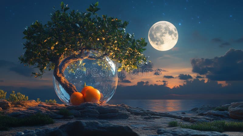 Enchanting moonlit scene of a tree in a glass bowl with oranges by the ocean under a night sky surreal and dreamy royalty free stock photography