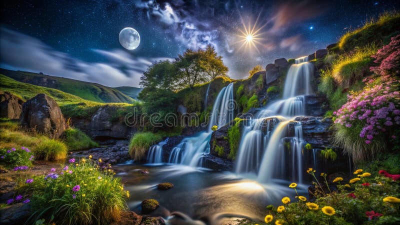 Enchanting Nightfall at Dragons Breathe Waterfall Wales A Fusion of Nature Splendor and Dark Fantasy vector illustration