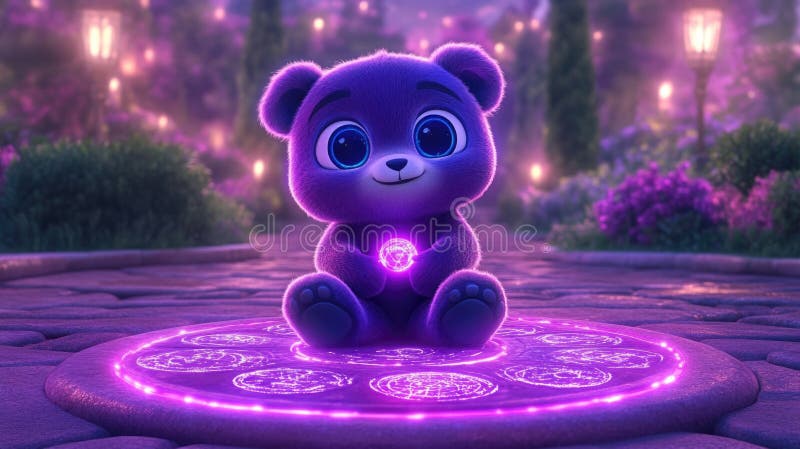 Enchanting purple bear with glowing orb in magical garden setting stock images