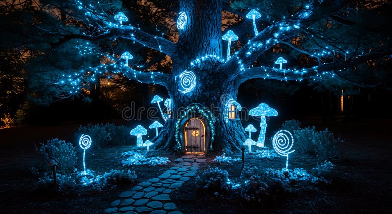 Magical fairy treehouse illuminated by blue lights at night vector illustration