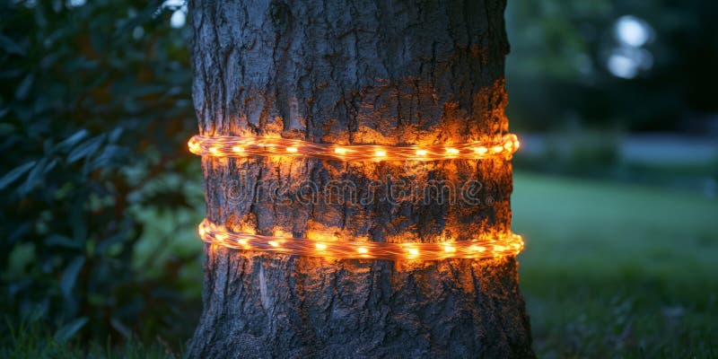 Enchanting Tree Wrapped in Glowing String Lights in a Serene Evening Garden Setting royalty free illustration