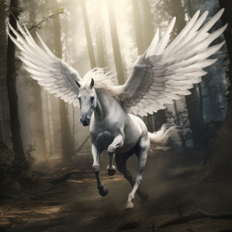 Enchanting White Horse with Wings in a Dreamlike Forest Stock