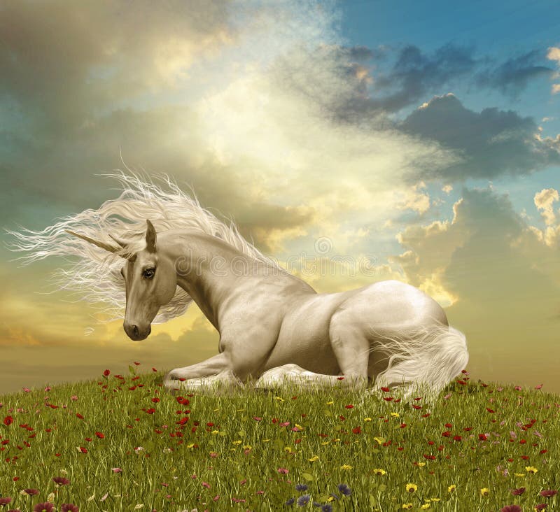 Enchanting White Unicorn Resting During a Sunset vector illustration Enchanting White Unicorn Resting During a Sunset vector illustration