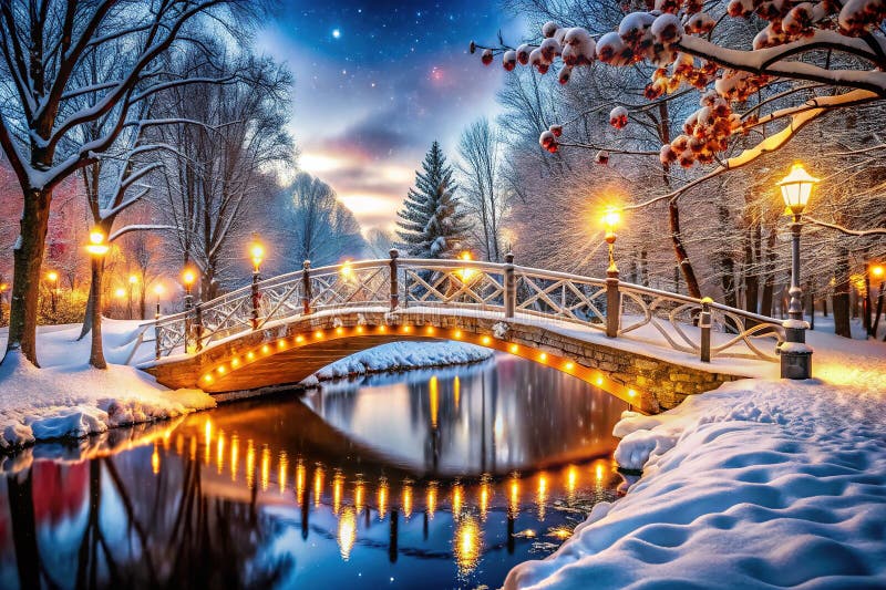 Enchanting Winter Wonderland A Sparkling Bridge Ljusad av Snowfall a Digital Fantasy royaltyfri illustrationer