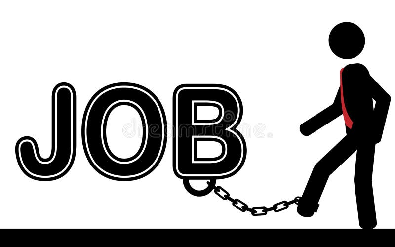 A man is chained to the job text. It is a stick figure vector. A man is chained to the job text. It is a stick figure vector.