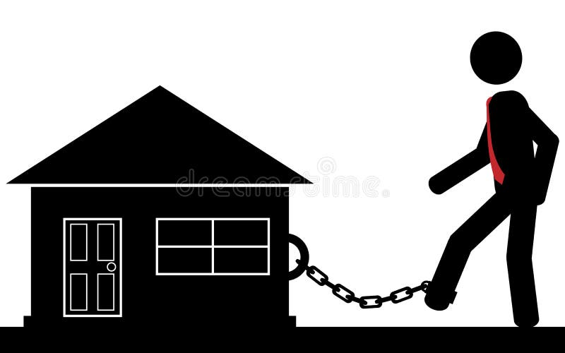 A man is chained to the house. It is a stick figure . A man is chained to the house. It is a stick figure .