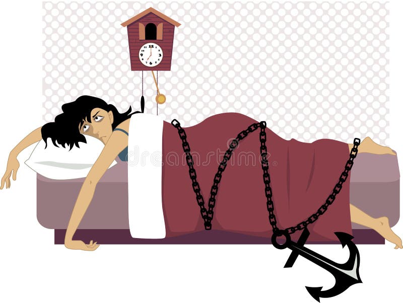 Tired woman lying in her bed early in the morning, chained to a heavy anchor, vector illustration, no transparencies, EPS 8. Tired woman lying in her bed early in the morning, chained to a heavy anchor, vector illustration, no transparencies, EPS 8