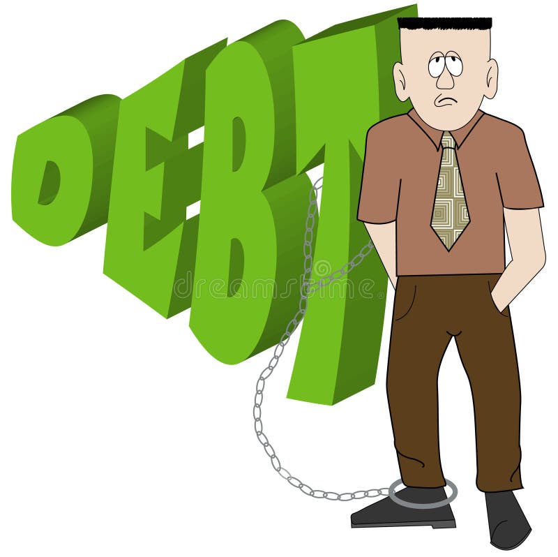 Cartoon of business man chained to his debt - financial woes - vector. Cartoon of business man chained to his debt - financial woes - vector