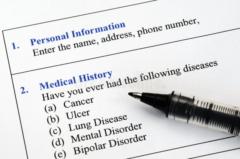 Filling the patient personal information and medical history questionnaire. Filling the patient personal information and medical history questionnaire