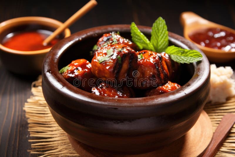 Enchidos de vegano grelhados com molho bbq numa tigela de barro imagem de stock royalty free