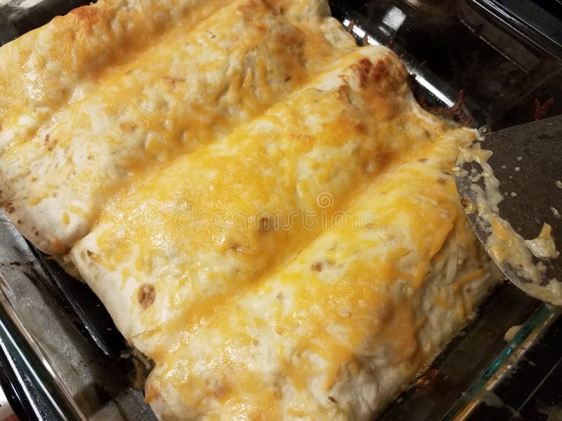 Enchiladas with Cheese in Glass Pan on Stove with Spatula Stock Image